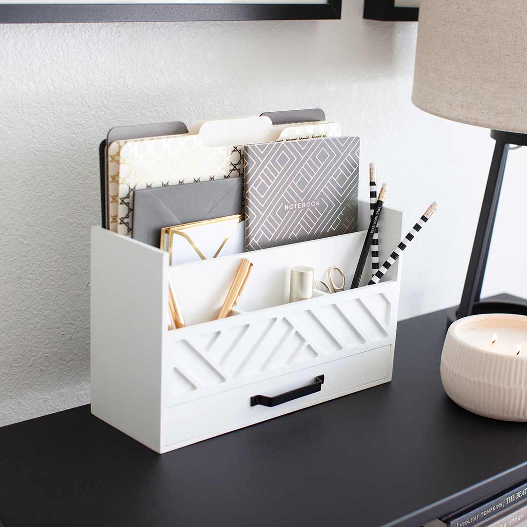 Blu Monaco White Wooden Desk Organizer with Drawer - Office Desk Accessories and Organizer Desk Caddy - Office Organizer - Office Organizers for