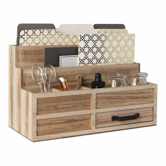 Natural Wood Mail Organizer with Pen Holder and Drawer