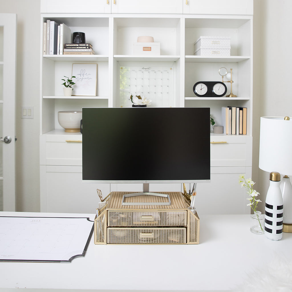 Gold Monitor Stand with Drawers | Blu Monaco