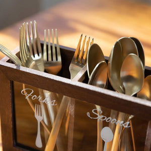 Dark Brown Wooden Cutlery Caddy with Knife, Fork, and Spoon Pictures