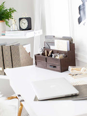 Load image into Gallery viewer, Brown Wood Mail Organizer with Pen Holder and Drawer
