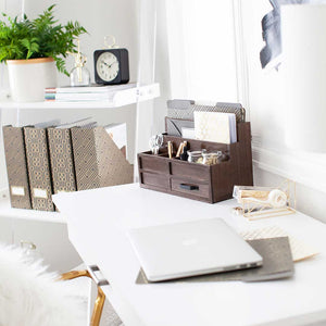 Brown Wood Mail Organizer with Pen Holder and Drawer