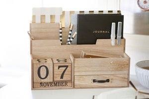 Wooden Mail Organizer Desktop with Block Calendar – Mail Sorter Countertop Organizer – Desk Decorations for Women Office - Blu Monaco