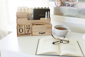 Wooden Mail Organizer Desktop with Block Calendar – Mail Sorter Countertop Organizer – Desk Decorations for Women Office - Blu Monaco