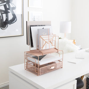 Load image into Gallery viewer, Rose Gold Desk Organizer with File sorters and Drawer
