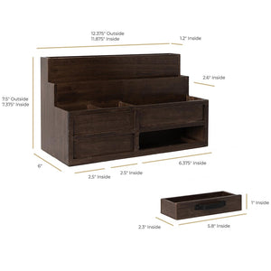 Brown Wood Mail Organizer with Pen Holder and Drawer