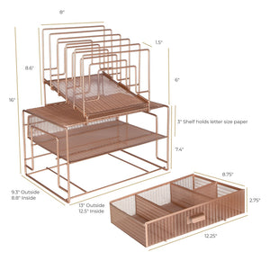 Rose Gold Desk Organizer with File sorters and Drawer
