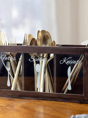 Load image into Gallery viewer, Dark Brown Wooden Cutlery Caddy with Knife, Fork, and Spoon Pictures
