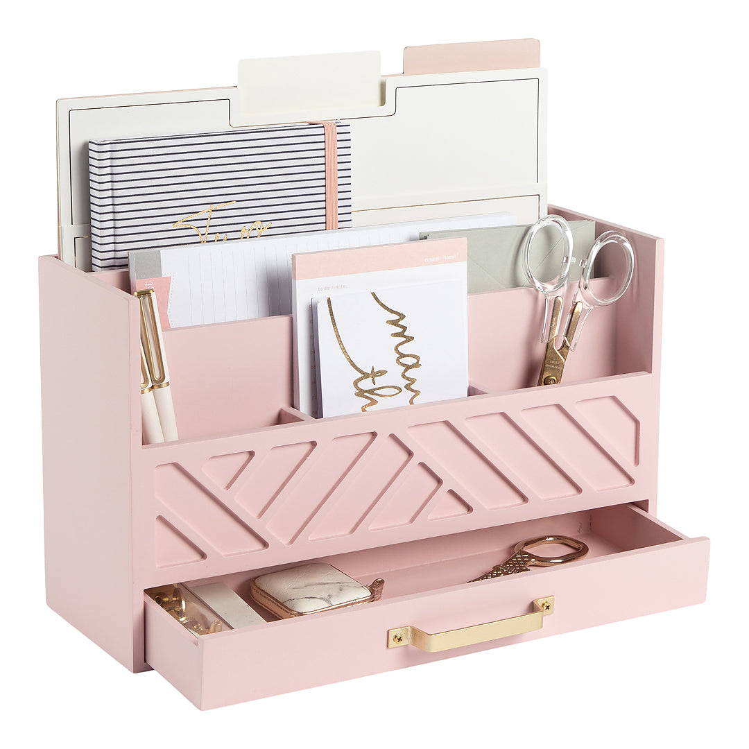 BLU MONACO Pink Wood Desk Organizer with Drawer and Gold Handle - Bill