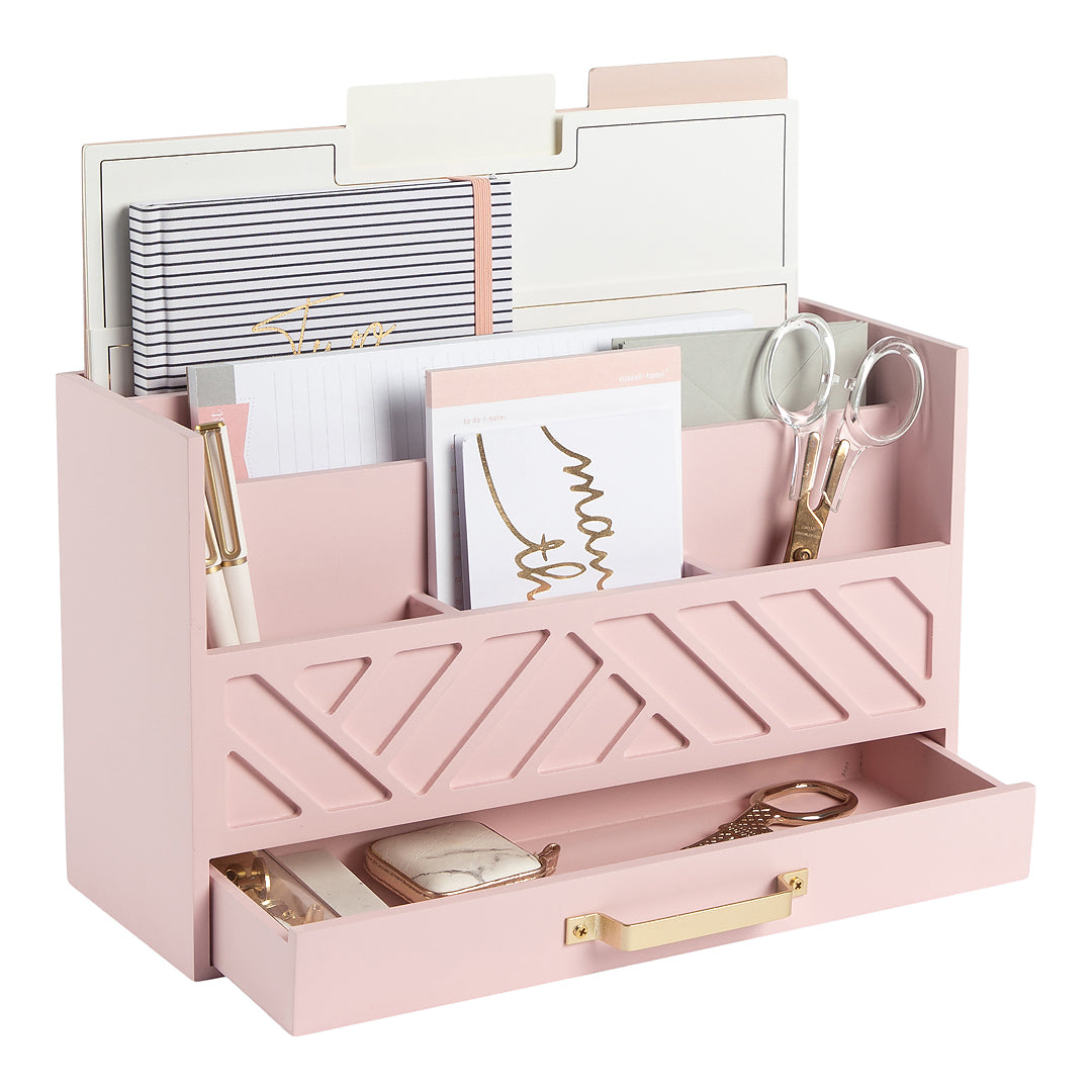 Pink Desk Rack BLU MONACO Pink Wood Desk Organizer with Drawer and Gold Handle - Bill ...