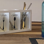 Load image into Gallery viewer, White Wooden Cutlery Caddy with Knife, Fork, and Spoon Pictures
