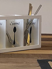 Load image into Gallery viewer, White Wooden Cutlery Caddy with Knife, Fork, and Spoon Pictures
