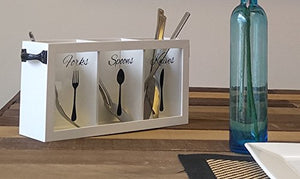 White Wooden Cutlery Caddy with Knife, Fork, and Spoon Pictures