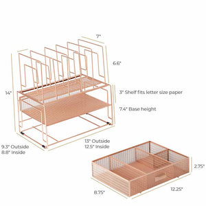 Fontvieille Desk Organizer with File Sorters and Drawer - Rose Gold