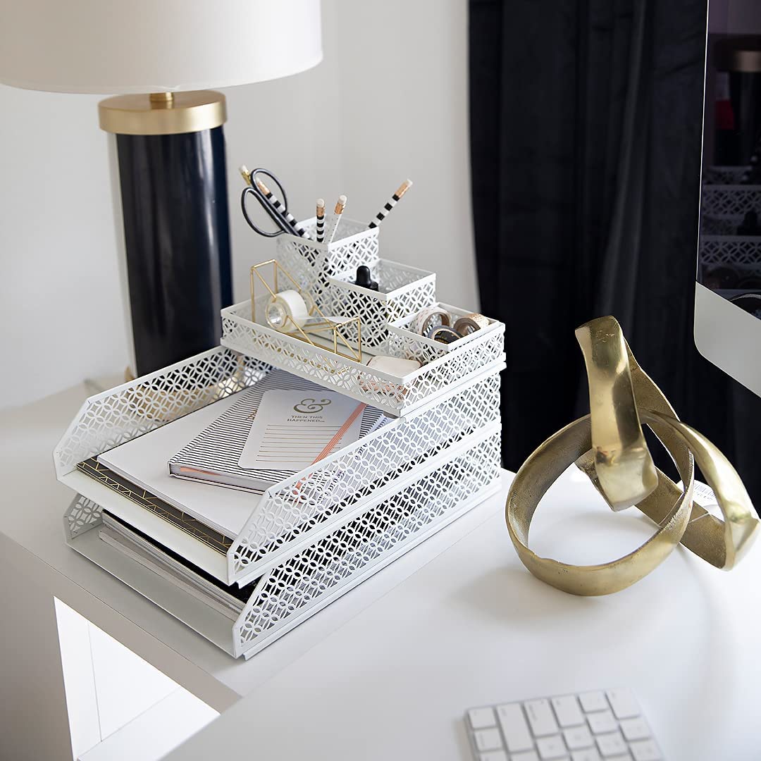 Blu Monaco Office Supplies Rose Gold Desk Accessories for Women-6 Piece Interlocking Stylish Desk Organizer Set- Pen Cup, 3 Accessory Trays