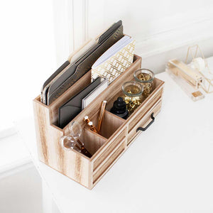 Load image into Gallery viewer, Natural Wood Mail Organizer with Pen Holder and Drawer
