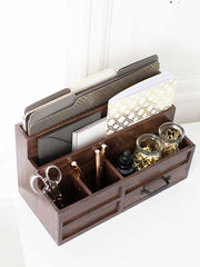 Load image into Gallery viewer, Brown Wood Mail Organizer with Pen Holder and Drawer
