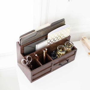 Brown Wood Mail Organizer with Pen Holder and Drawer