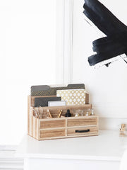 Load image into Gallery viewer, Natural Wood Mail Organizer with Pen Holder and Drawer
