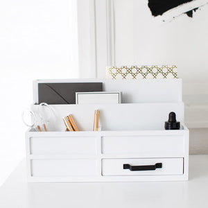 White Wooden Mail Organizer with Pen Holder and Drawer