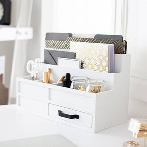 White Wooden Mail Organizer with Pen Holder and Drawer