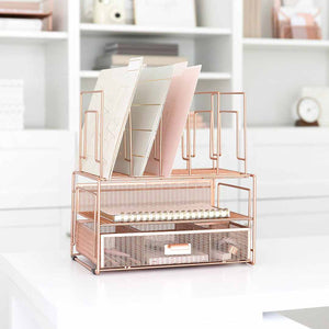 Fontvieille Desk Organizer with File Sorters and Drawer - Rose Gold