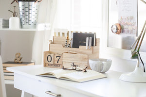 Wooden Mail Organizer Desktop with Block Calendar – Mail Sorter Countertop Organizer – Desk Decorations for Women Office - Blu Monaco