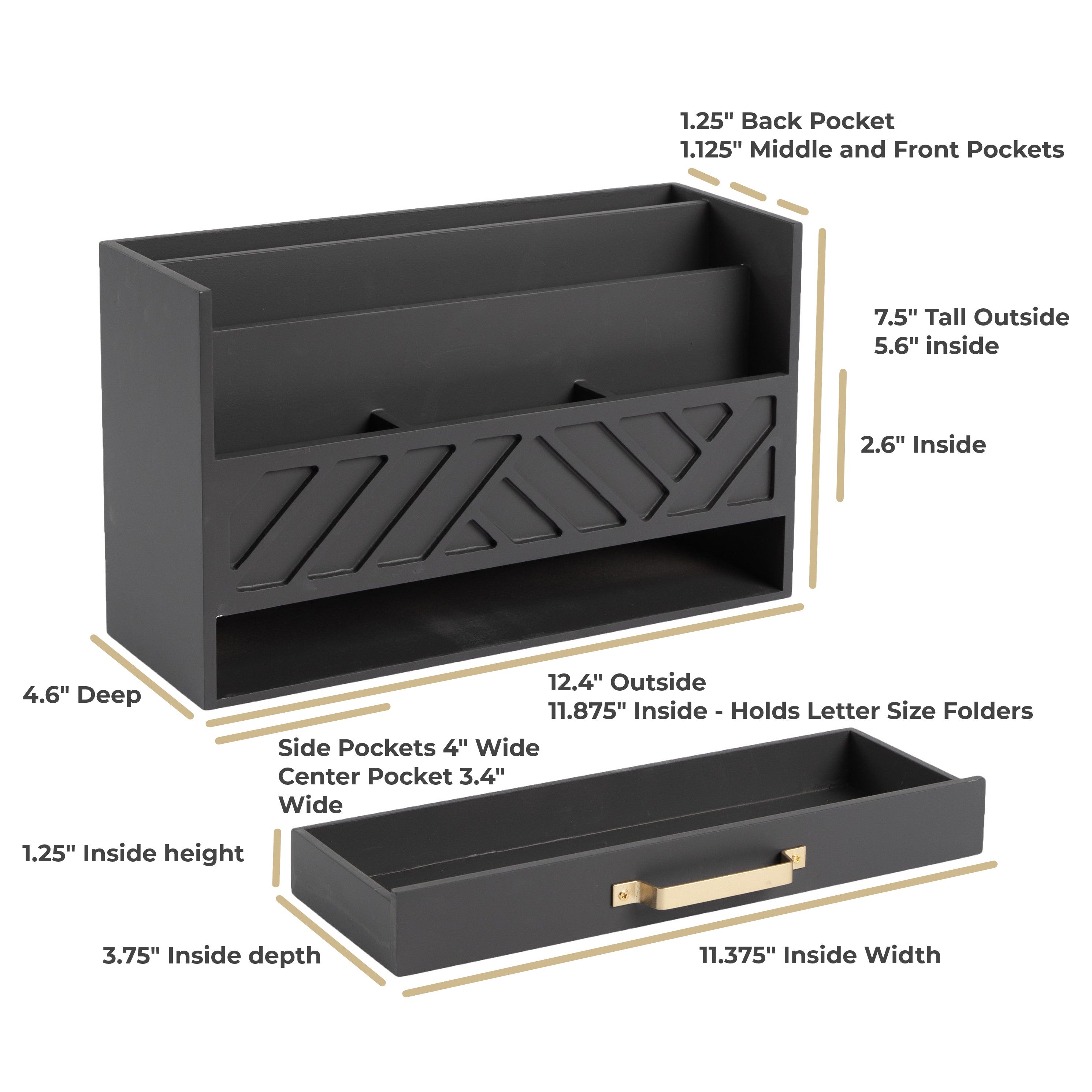 BLU MONACO Grey Wood Desk Organizer with Drawer and Gold Handle - Bill