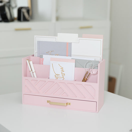 BLU MONACO Pink Wood Desk Organizer with Drawer and Gold Handle - Bill Mail Storage Organizer and Sorter for Storage, Countertop and Kitchen