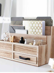 Load image into Gallery viewer, Natural Wood Mail Organizer with Pen Holder and Drawer
