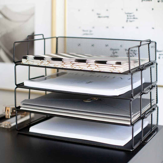 Stackable Paper Trays with Accessory Tray - 4 Tier - Black Metal Mesh - Letter Size