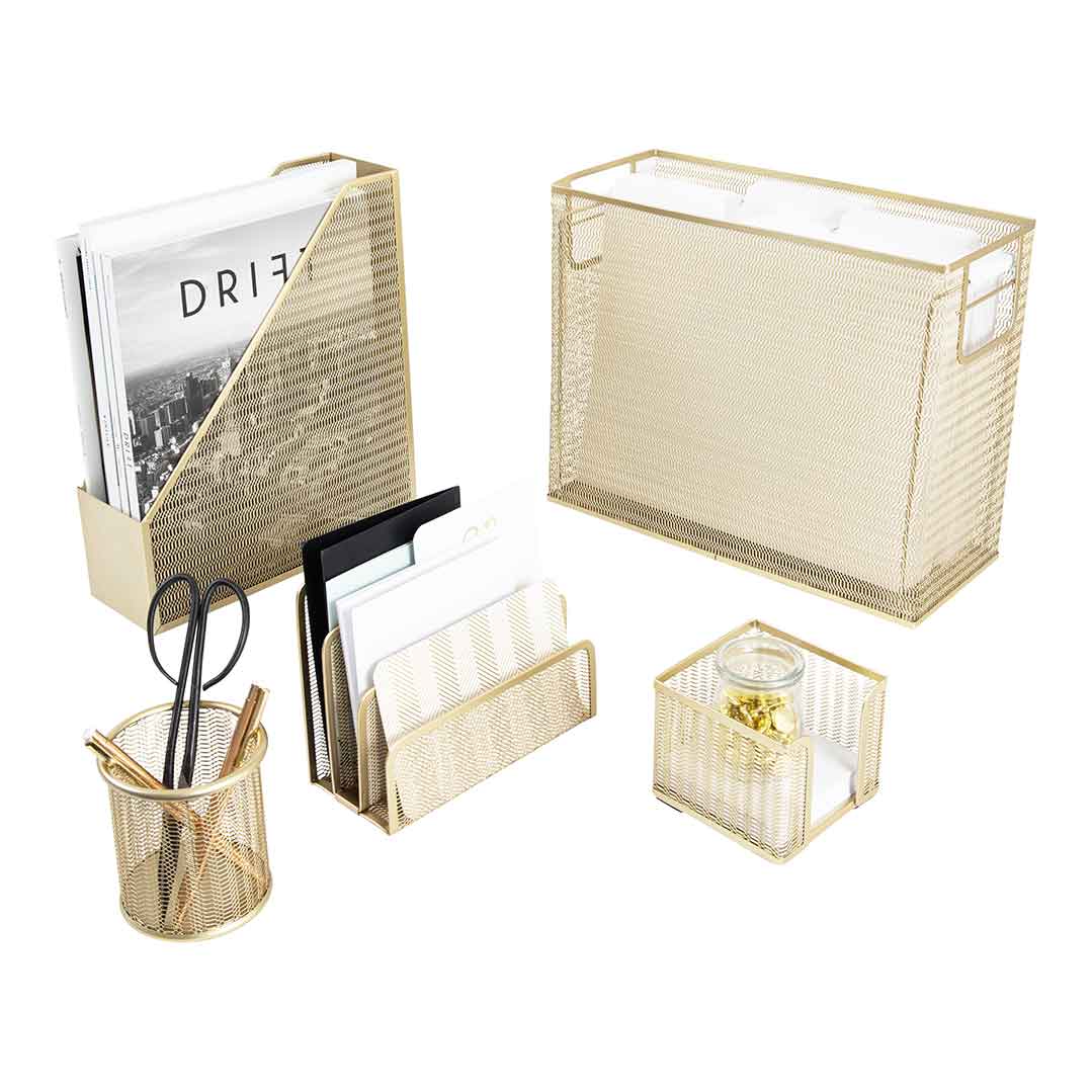 schreibtisch aufbewahrung gold Fontvieille 5 Piece Gold Desk Organizer Set with Desktop Hanging File Organizer