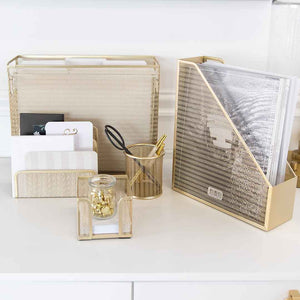 Load image into Gallery viewer, Fontvieille 5 Piece Gold Desk Organizer Set with Desktop Hanging File Organizer
