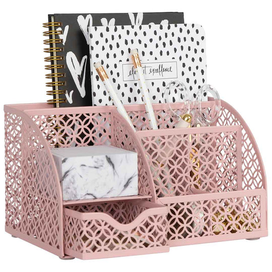 Riviera Designer Metal Desk Organizer with Drawer - Pink