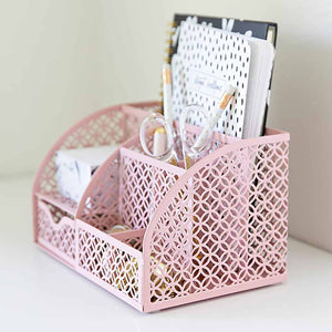 Riviera Designer Metal Desk Organizer with Drawer - Pink