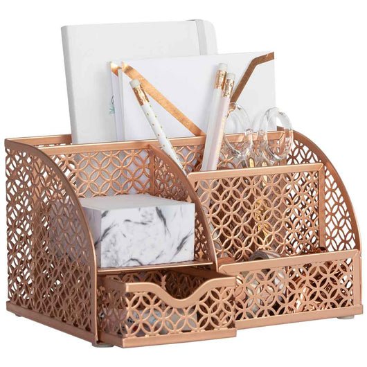 Riviera Designer Metal Desk Organizer with Drawer - Rose Gold