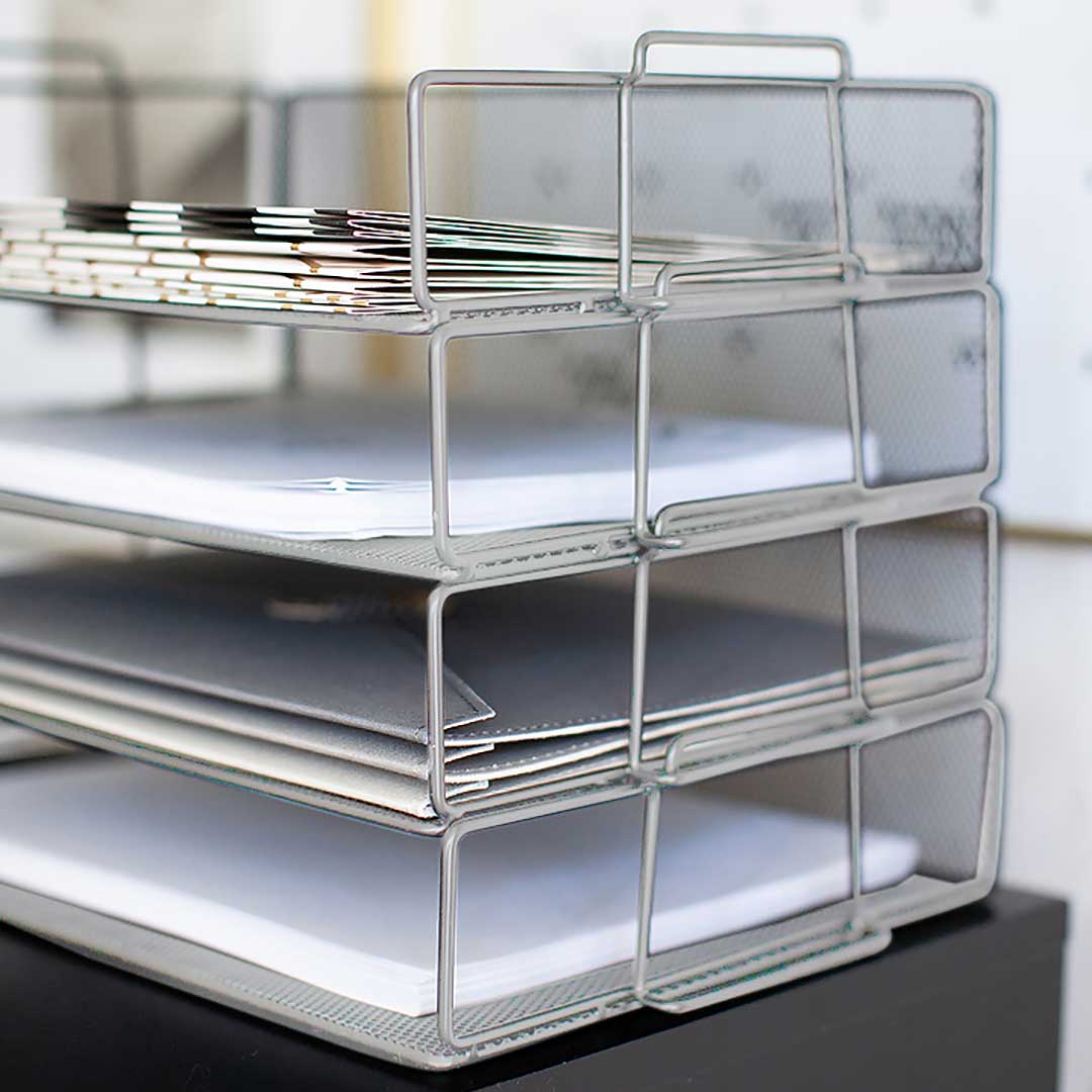 Stackable Paper Trays with Accessory Tray - 4 Tier - Silver Metal Mesh ...
