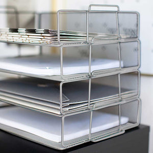 Stackable Paper Trays with Accessory Tray - 4 Tier - Silver Metal Mesh - Letter Size