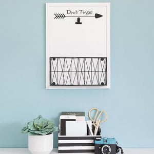 Wall Mount Mail Organizer with Note Clip - White Wood with Black Metal Basket