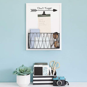 Wall Mount Mail Organizer with Note Clip - White Wood with Black Metal Basket