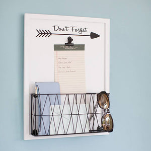 Wall Mount Mail Organizer with Note Clip - White Wood with Black Metal Basket