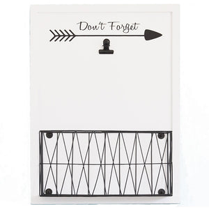 Wall Mount Mail Organizer with Note Clip - White Wood with Black Metal Basket