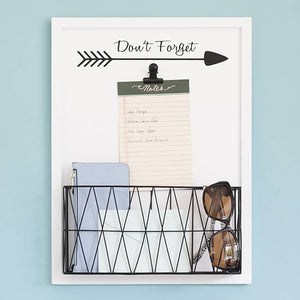 Wall Mount Mail Organizer with Note Clip - White Wood with Black Metal Basket