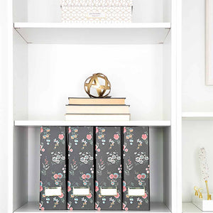 Foldable Magazine File Holder with Gold Label Holder - Set of 4 - Floral and Black