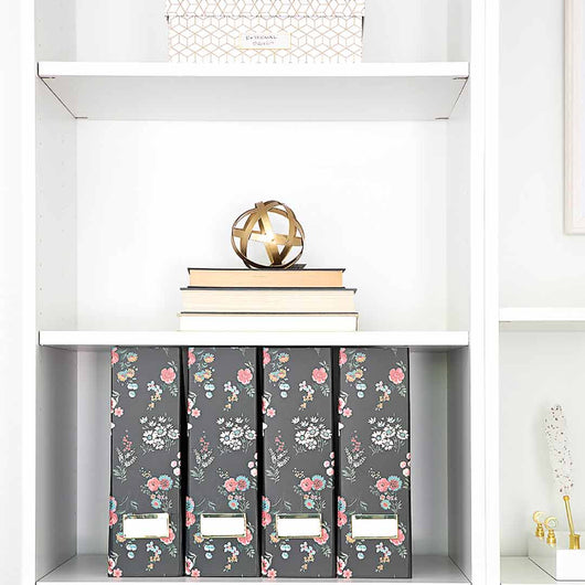 Foldable Magazine File Holder with Gold Label Holder - Set of 4 - Floral and Black