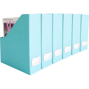 Foldable Magazine File Holder with Leather Label Holder - Set of 6 - Aqua