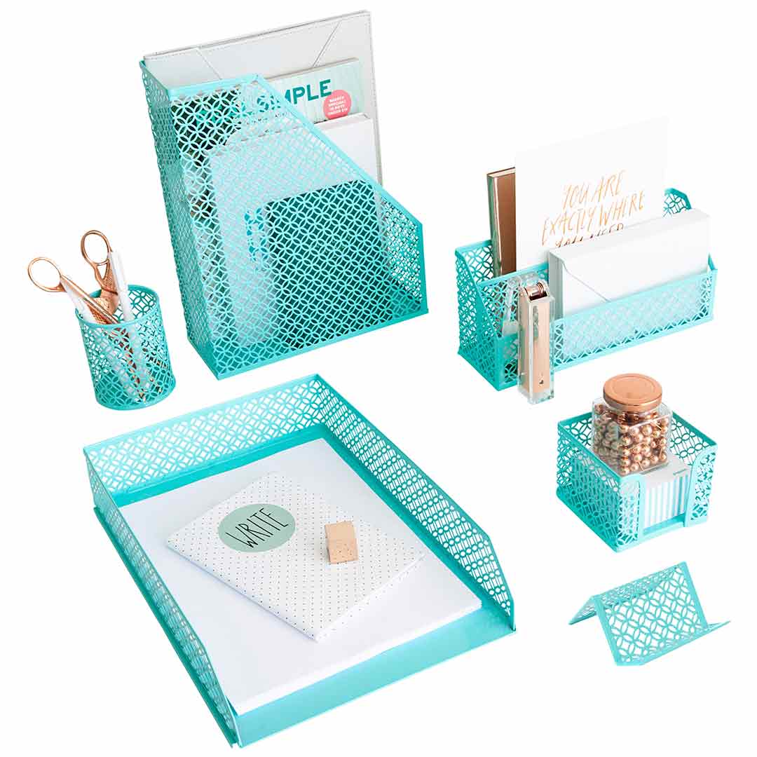 Blu Monaco Office Supplies Rose Gold Desk Accessories for Women-6 Piece Interlocking Stylish Desk Organizer Set- Pen Cup, 3 Accessory Trays