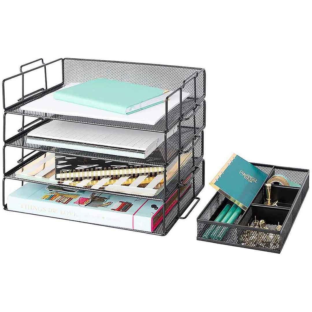 Stackable Paper Trays with Accessory Tray - 4 Tier - Black Metal Mesh ...