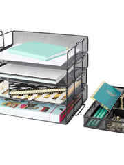 Load image into Gallery viewer, Stackable Paper Trays with Accessory Tray - 4 Tier - Black Metal Mesh - Letter Size
