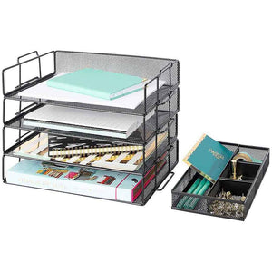 Stackable Paper Trays with Accessory Tray - 4 Tier - Black Metal Mesh - Letter Size